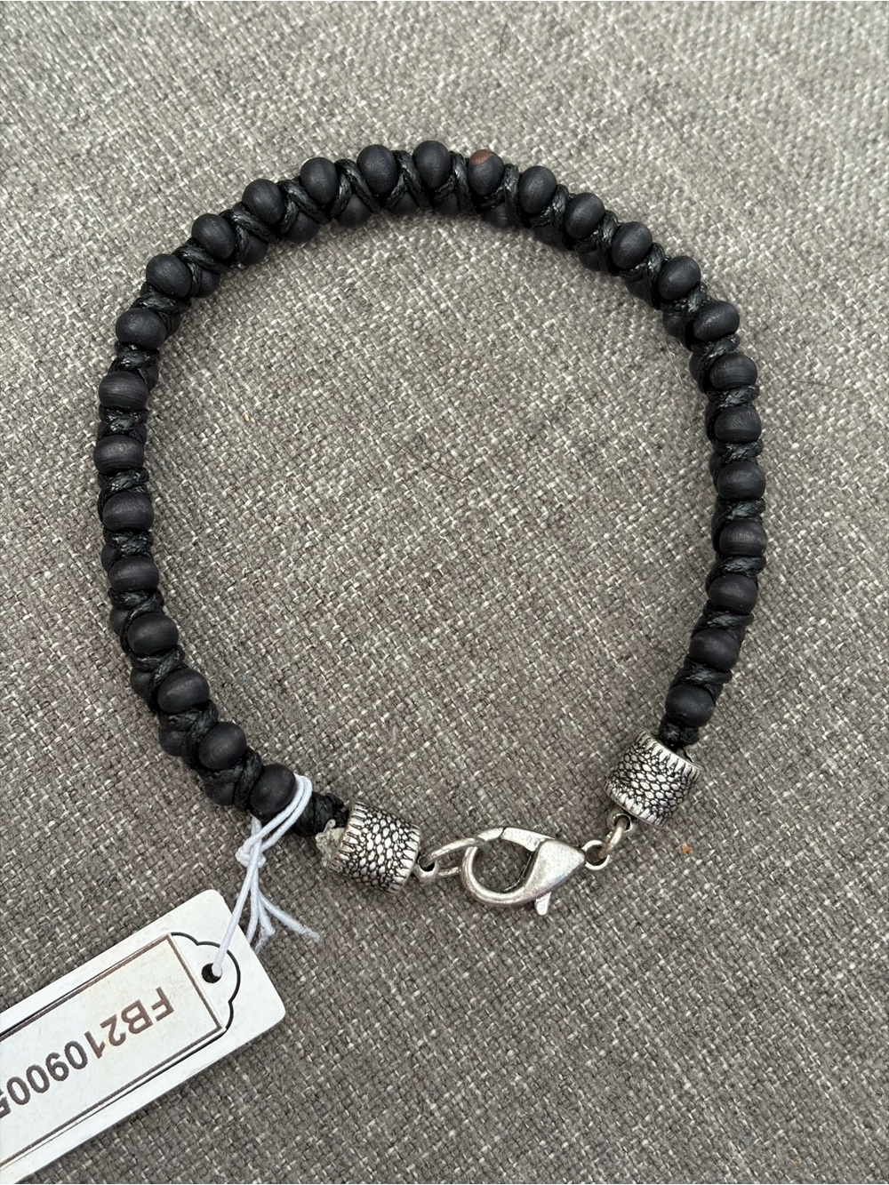 Black Wood Bead Woven Cord Bracelet Silver-Tone Lobster Clasp